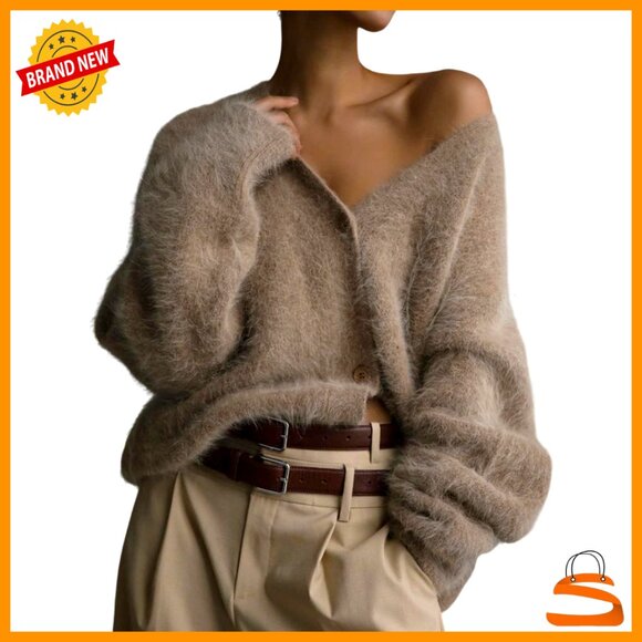 Oversized Fuzzy Cardigan V Neck Button Down Soft Knit Sweater Casual Chic - Picture 1 of 7